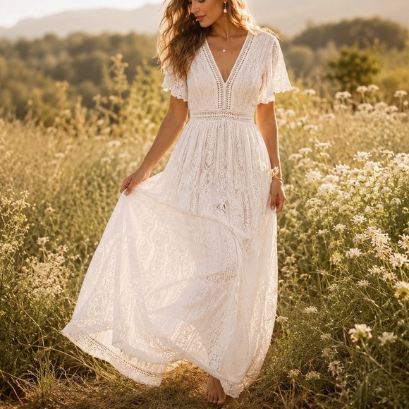 Unbranded Dresses & Skirts - White Lace Boho Maxi Dress Cottagecore Romantic Bridal Style Long Dress Medium